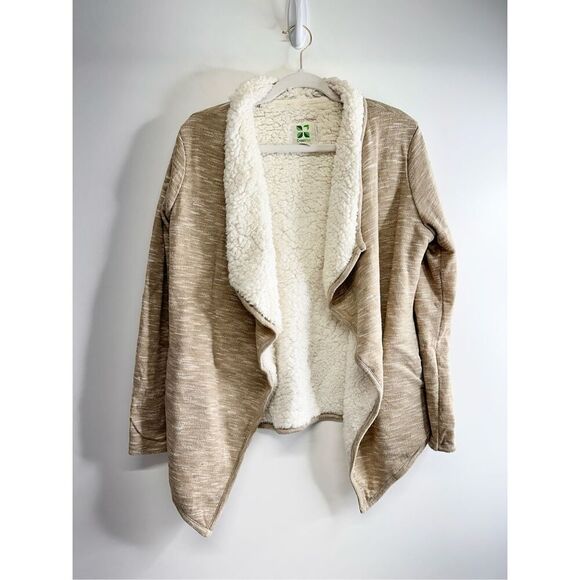 Green Tea Sherpa Lined Open Cardigan Tan Womens Size Medium Side Pockets - Picture 2 of 7